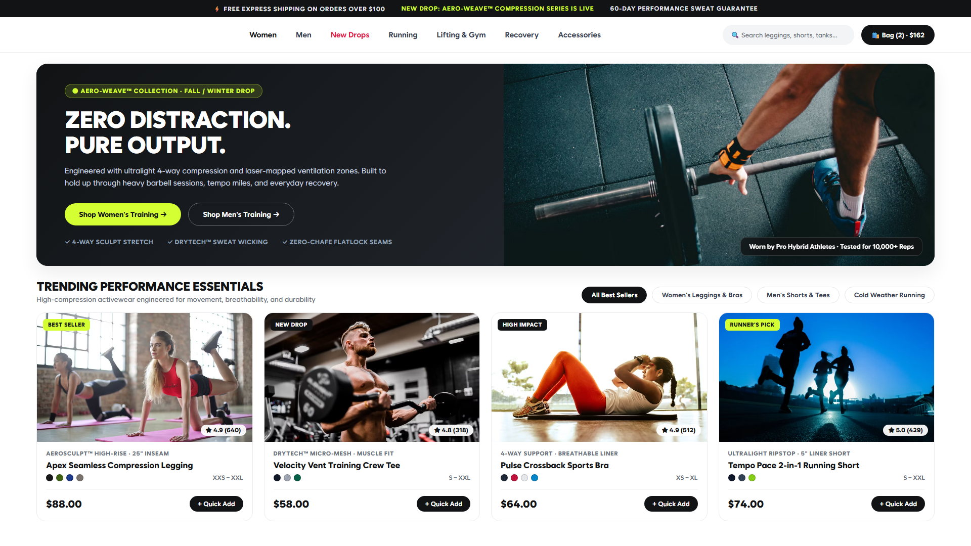 Activewear store home page: a dark hero with a barbell photo and shop buttons, then four product cards with ratings, colors and quick-add buttons.