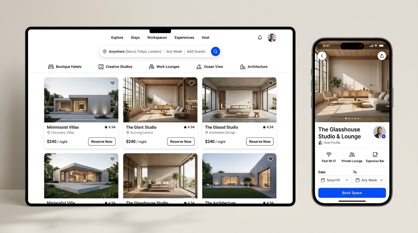 Tablet and phone mockup of a booking platform: a search bar, category tabs and a grid of villa and studio listings on the tablet, with a single listing detail and Book Space button on the phone.