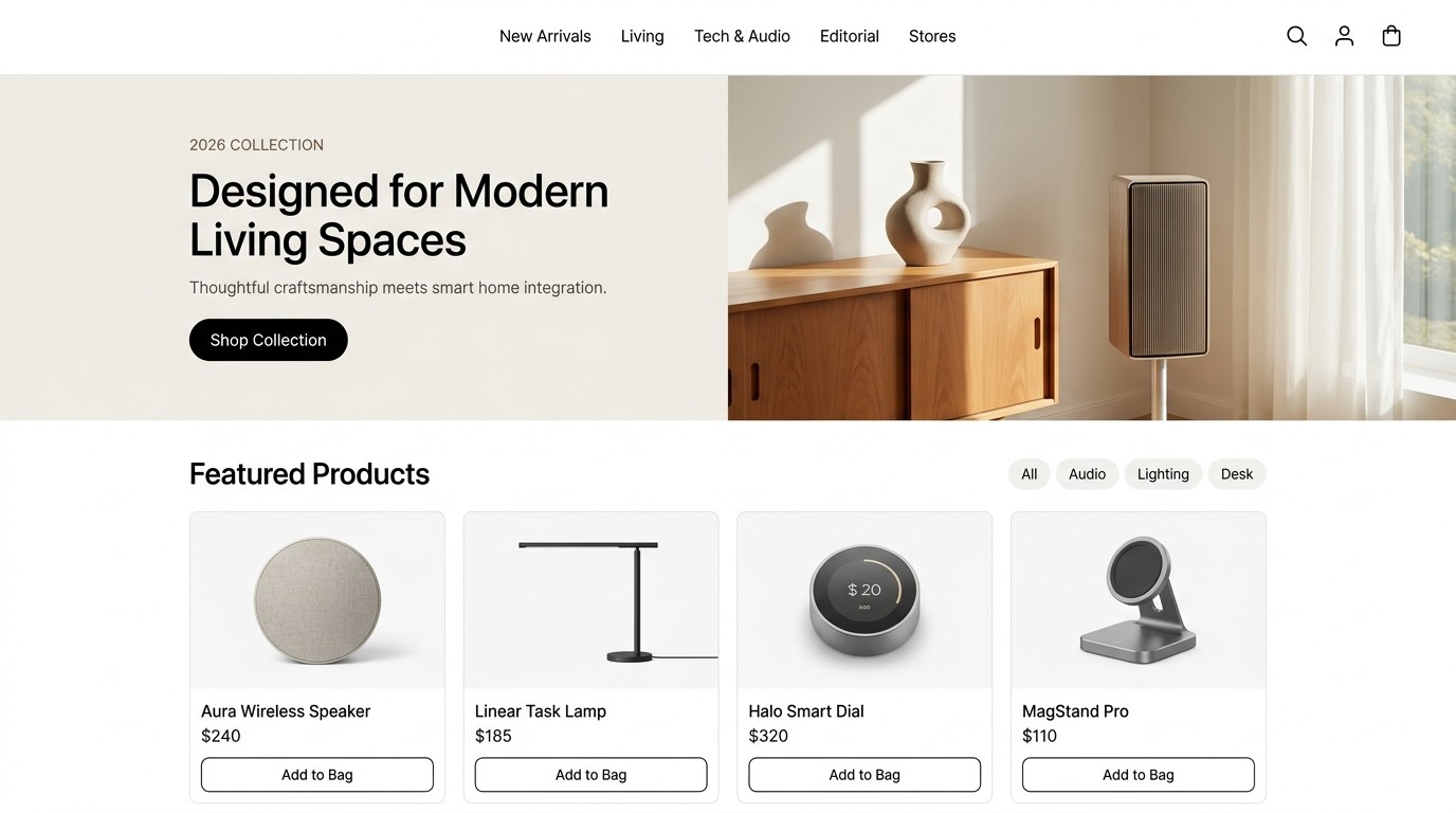 E-commerce home page: a 2026 Collection hero beside a wooden sideboard and speaker, then a Featured Products row with four product cards and Add to Bag buttons.