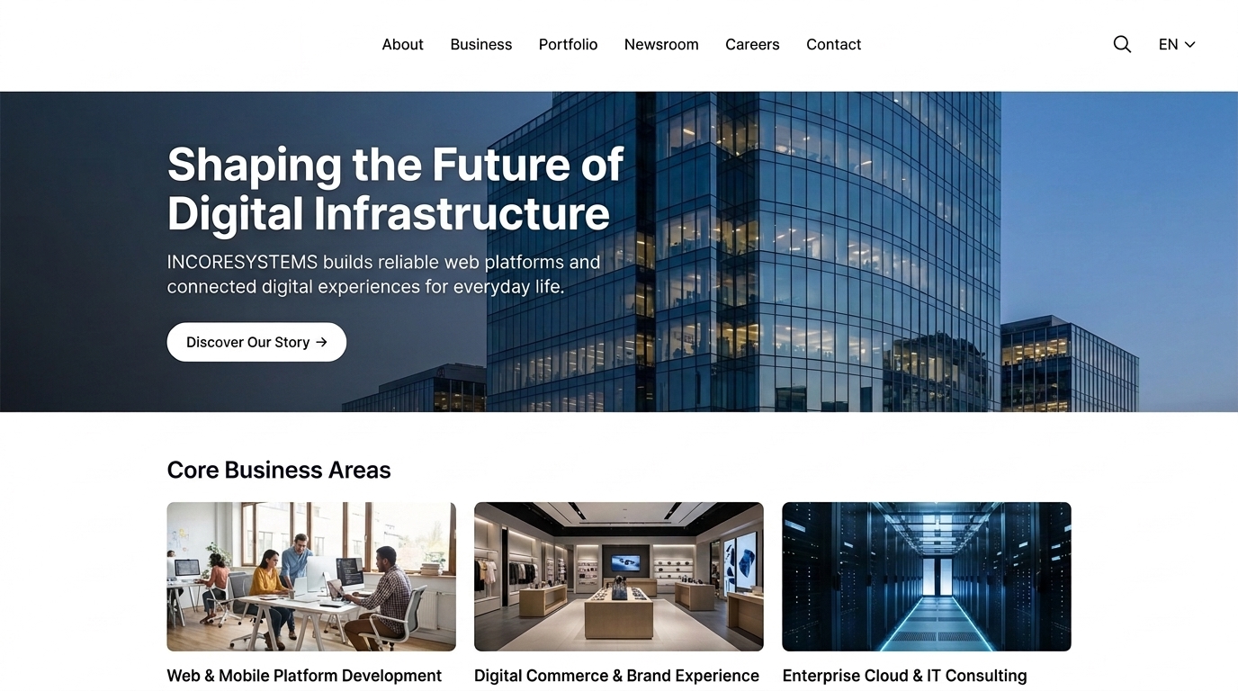 Corporate website home page: a hero over a glass office tower reading Shaping the Future of Digital Infrastructure, followed by three Core Business Areas cards.