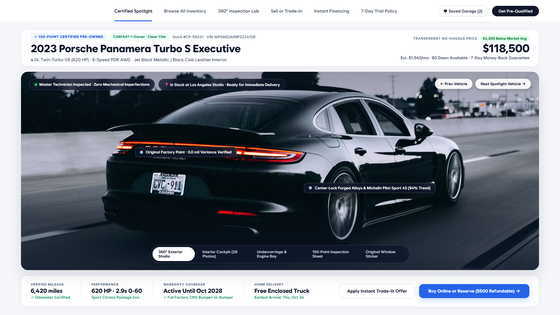 Certified pre-owned car detail page: a 2023 Porsche Panamera photo with inspection callouts, a price panel and buy or reserve buttons.